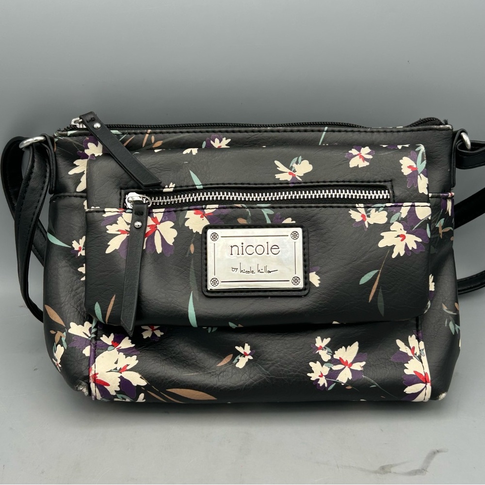 Nicole Miller Black and Cream Floral Crossbody Bag